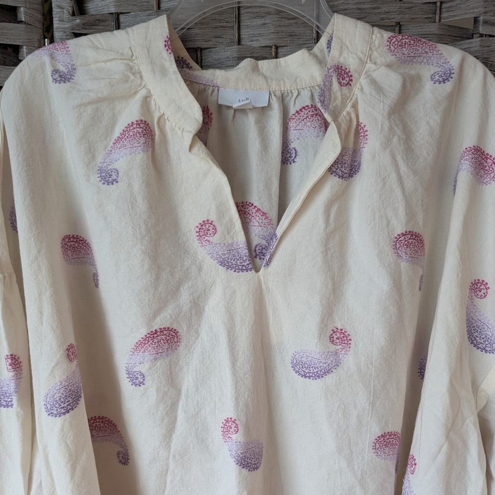 J. Jill Tunic Top Cream Paisley Split Neck Raglan Balloon Sleeve Women 2X Boho - Picture 2 of 8